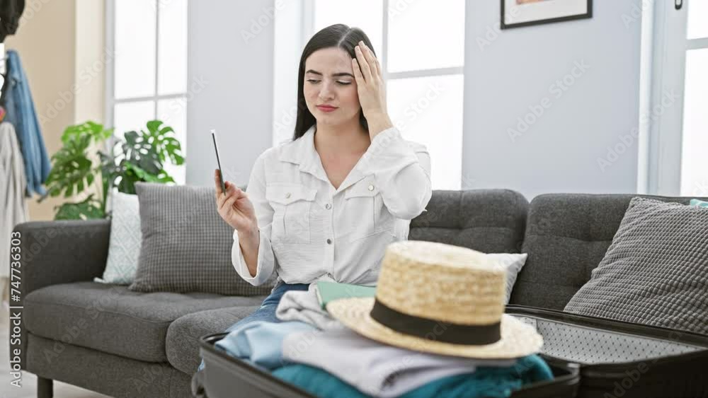 Shocked! young, beautiful hispanic woman covering mouth with hand, sitting home with saudi arab passport - mute expression of surprise, fear and regret