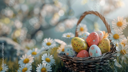 Springtime delight with a basket of multicolored Easter eggs among flowers