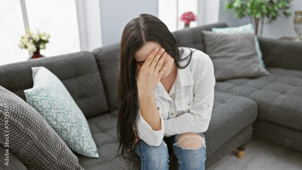 Upset young woman sitting indoors on a grey sofa, hiding her face with her hand, conveying distress or sadness. Upset young woman sitting indoors on a grey sofa, hiding her face with her hand, conveying distress or sadness.