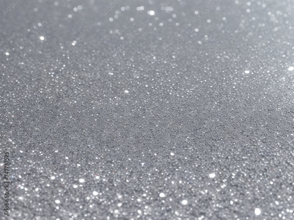 Blurred bokeh light on gray silver background. New Year holidays template. Abstract glitter defocused blinking stars and sparks.