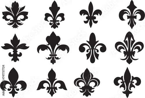 Fleur-de-lis vector icons like lily flowers. Royal french heraldry design elements for coat of arms  emblem or medieval design with black fleur-de-lis symbols in high HD resolution  white background.