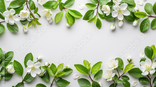 Springtime floral border with white cherry blossom and green leaves on a white background, perfect for wedding invitations and greeting cards for Easter or Mother's Day