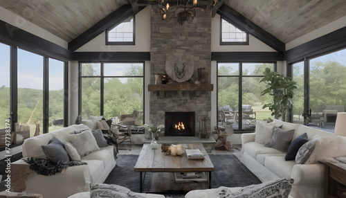 elegant living room with fireplace  interior  home  furniture  mountain view  stone  rustic