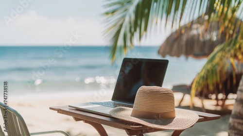 Laptop computer with hat on the table at the beach, work and vacation at the same time.