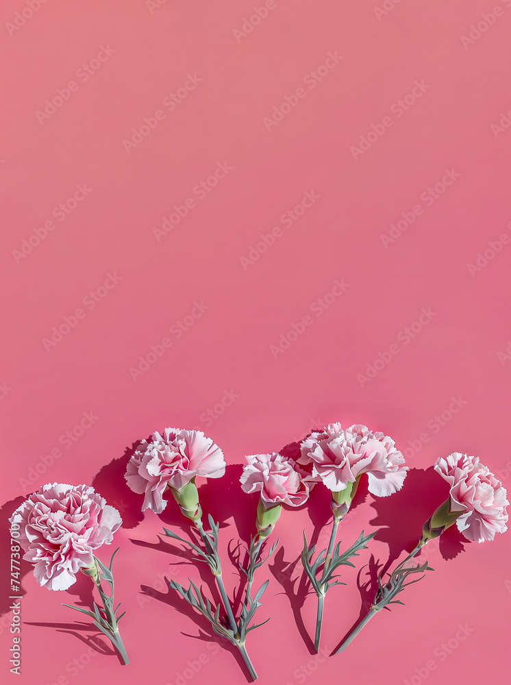 Elegant pink carnations with delicate white edges arranged on a pastel pink background, ideal for Mother's Day promotions or spring-themed design projects