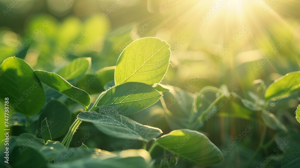Leaves of a plant growing in a field in the morning light. Natural background.a Leaves of a plant growing in a field in the morning light. Natural background.a