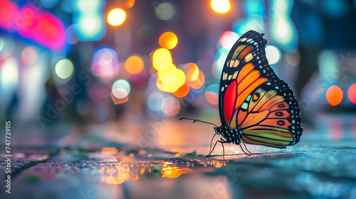 Colorful monarch butterfly on a wet urban street, illuminated by vibrant bokeh lights in the background, depicting urban wildlife or nature's adaptation in a city environment