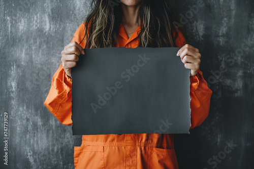 female prisoner standing and holding a black badge