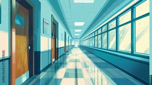 Empty corridor in the hospital. Vector illustration of health and medicine background.