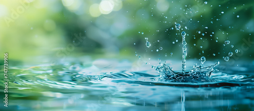 Crisp water droplets splashing into serene blue water with a sunlit bokeh background, depicting purity and freshness in nature