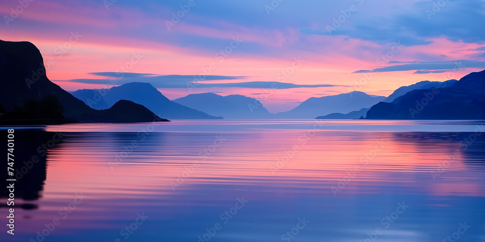 Tranquil pastel sunset over a calm lake with silhouettes of distant mountains, reflecting a serene gradient sky ideal for backgrounds and peaceful concepts