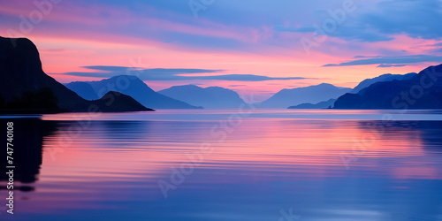 Tranquil pastel sunset over a calm lake with silhouettes of distant mountains  reflecting a serene gradient sky ideal for backgrounds and peaceful concepts