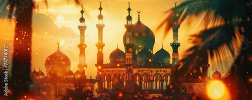 An ornate eid celebration with intricate mosques silhouette inside a glowing lantern backdrop photo