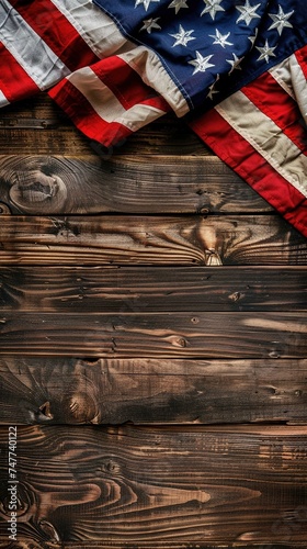 American National Holiday. US Flags with American stars, stripes and national colors. Construction and manufacturing tools on wooden background.