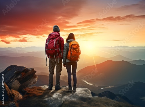 Rear view of young traveler couple with backpacks enjoying sunrise on misty mountain peak.