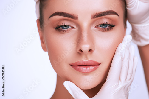 Beautician doing Face skin check before plastic surgery for Blonde girl