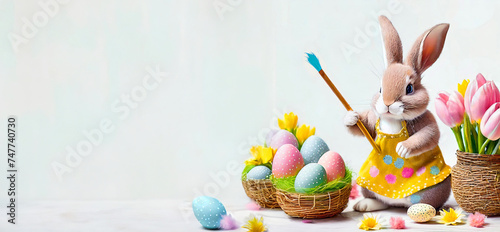 Front view of cute Easter bunny with paintbrush who decorates easter eggs on white background. Copy space. Happy Easter banner with adorable rabbit and eggs. Easter concept