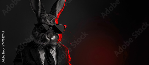 Black and white rabbit wearing sunglasses and a suit against a dark background with a red accent, concept suitable for Easter or whimsical business themes