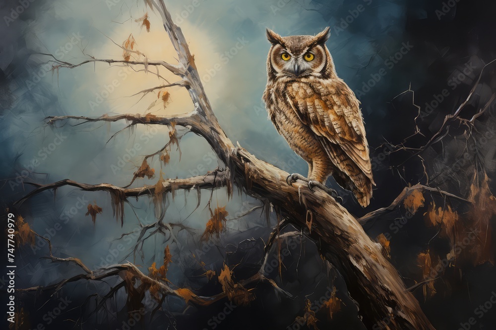 Fototapeta premium A painting of a owl on a branch with a full moon in the background
