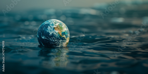 Glossy glass globe representing Earth partially submerged in water, symbolizing climate change and environmental conservation, with a serene blue background