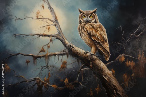 A painting of a owl on a branch with a full moon in the background