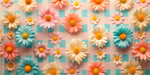 Vibrant paper daisies arranged on a pastel checkered background, ideal for springtime concepts, crafts, or Easter celebrations