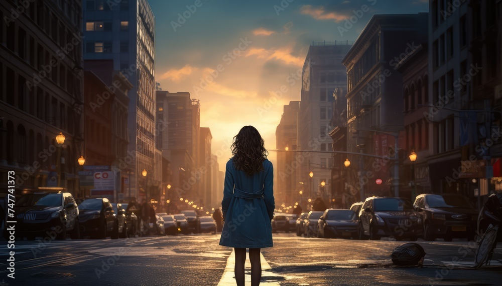 A woman standing in the middle of a city street - obrazy, fototapety, plakaty 