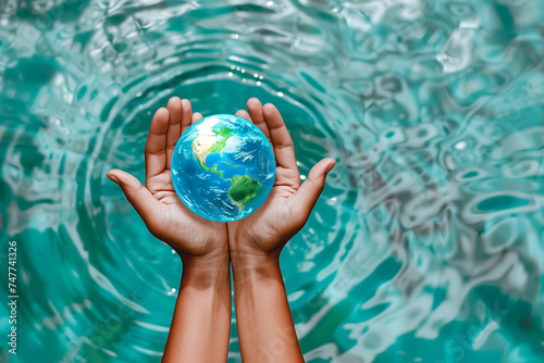 Human hands holding a small globe with a water pattern background, symbolizing environmental protection and Earth Day, with a multicultural or universal human element