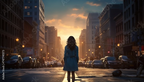 A woman standing in the middle of a city street