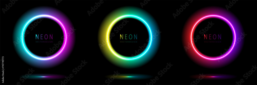 Set of neon light circle shape frames design on a dark background. gradient glowing borders. elements valentine day festival design. colorful futuristic Valentines Day. vector design.