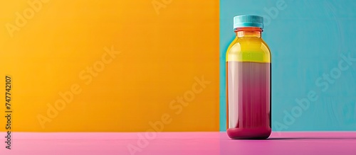 A colorful plastic bottle containing vitamins is sitting on top of a table. The bottle stands out with its vibrant and visually striking design against the table background. photo