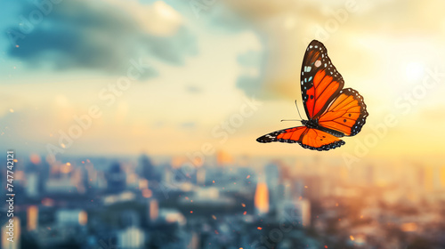 Vibrant monarch butterfly in sharp focus against a blurred city skyline at sunset, symbolizing urban nature and the concept of freedom