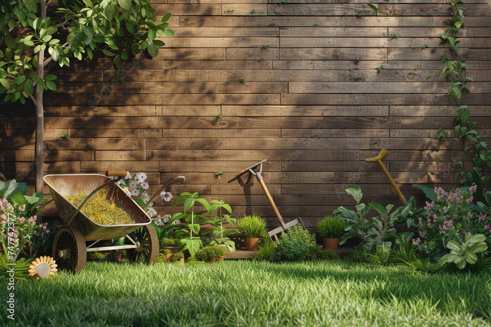 Backyard gardening equipment in the backyard - obrazy, fototapety, plakaty 
