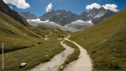 Mountain and hiking path landscape in pralognan la vanoise national park. french alps photo