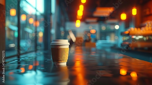 A single coffee cup surrounded by a festive bokeh lighting on a wooden table