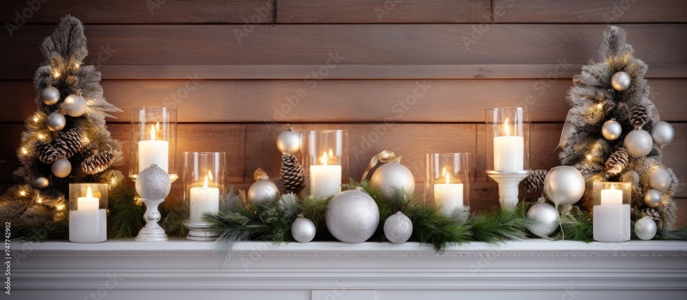 A white mantel is adorned with small potted fir candles and various Christmas decorations, set against a wooden wall. The scene exudes a festive and cozy atmosphere.