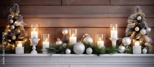 A white mantel is adorned with small potted fir candles and various Christmas decorations  set against a wooden wall. The scene exudes a festive and cozy atmosphere.