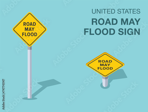 Traffic regulation rules. Isolated United States road may flood sign. Front and top view. Flat vector illustration template.