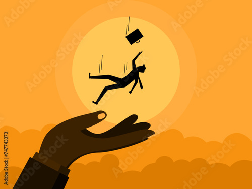 big hand supports a small businessman who falls from the sky