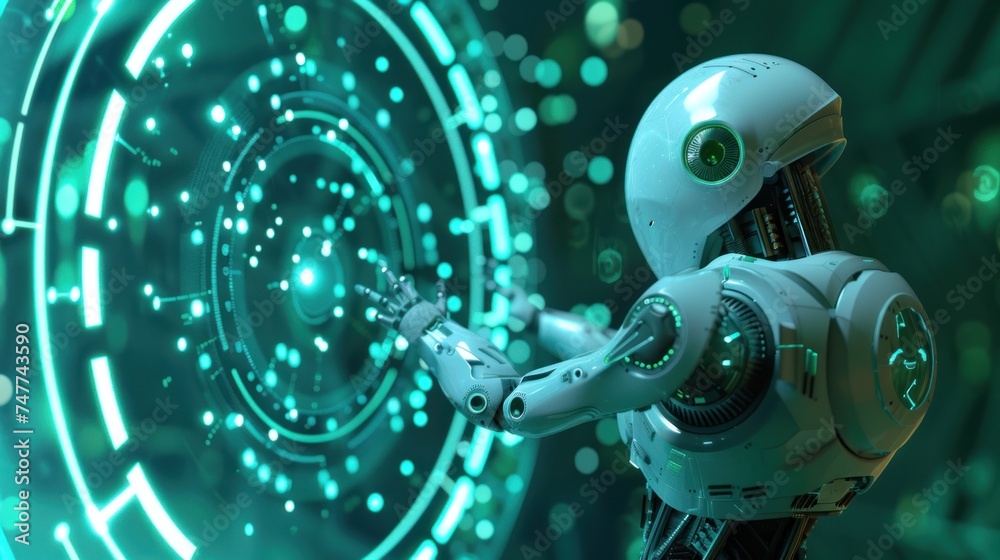 Fototapeta premium white robot touching technology circle