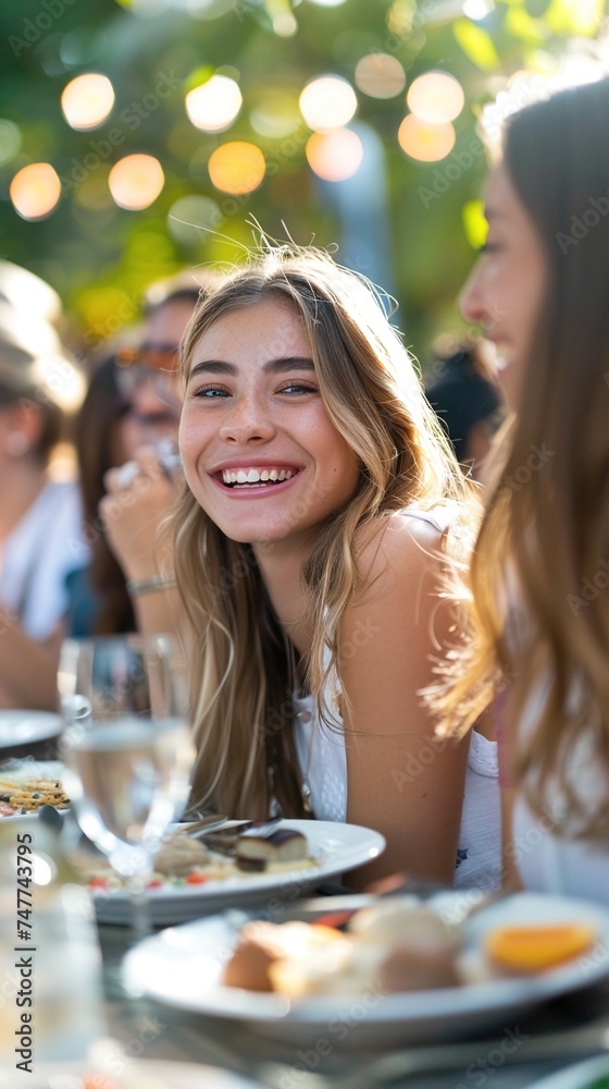 Group of young adults dining outdoors on patio, smiling girl in focus.