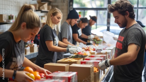 Volunteers packing food boxes for charity at a local food bank photo