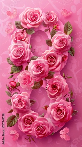 Greeting card for International Women s Day  March 8 .Pink number 8 with roses on a pink background with an inscription.
