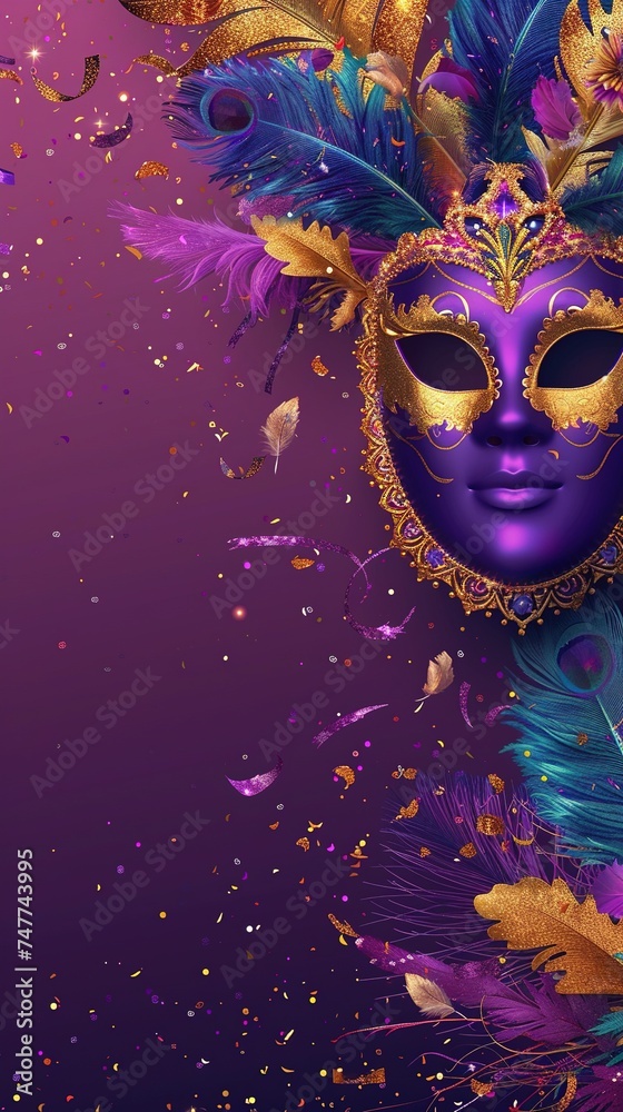 Happy Mardi Gras poster. A banner template with Venetian masquerade decorations, mask, confetti and feathers isolated on purple background, copy space. Costume party flyer for carnivals.