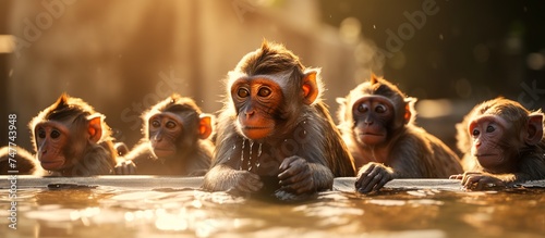 Portrait of a group of Javanese monkeys drinking water in a river to stave off hunger © Sarina