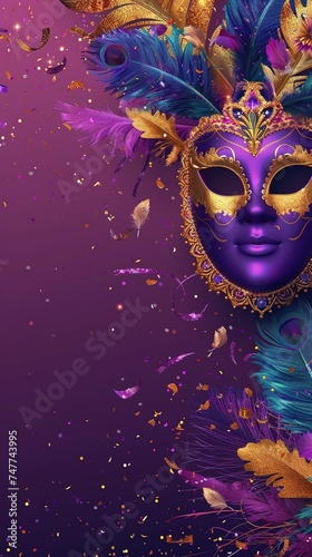Happy Mardi Gras poster. A banner template with Venetian masquerade decorations, mask, confetti and feathers isolated on purple background, copy space. Costume party flyer for carnivals. © Sanych