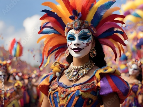 A lively carnival parade with performers in elaborate, colorful costumes and masks against a backdrop of confetti-filled skies Generative AI