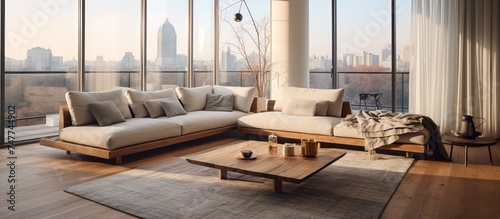 A modern and spacious living room filled with stylish furniture including a comfortable sofa with cushions, a coffee table, and a rug.
