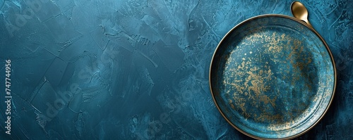 Pesach plate on a petrol blue background, with copyspace. Traditional Jewish seder on the occasion of Passover festival.