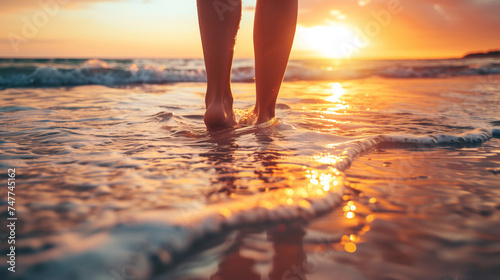 Person standing on beach at sunset during summer vacation  slow-motion closeup of legs and feet in sea water - relaxation  travel  and nature